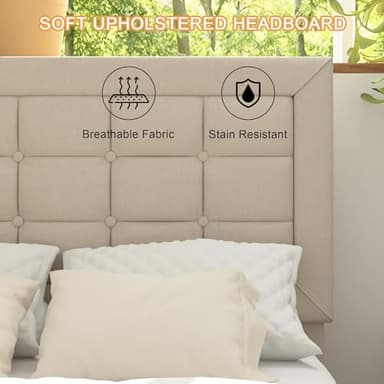 VECELO Twin Size Bed Frame with Adjustable Headboard, Upholstered Button Tufted Platform Bedframe with Wood Slats Support, No Box Spring Needed, Beige - Image 4