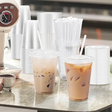 Huifany 100 Pack 16 oz Disposable Plastic Cups with Lids and Straws, Clear Party Coffee Cups for Cold Beverages, Smoothies, Iced Coffee, and Leak-Proof, BPA-Free - Image 5