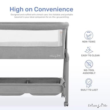 Dream On Me Calypso Portable Bassinet with Wheels in Grey, Quick & Easy Folding, Seven Adjustable Height, Machine Washable Fabric, Portable and Packable Bedside Bassinet - Image 4