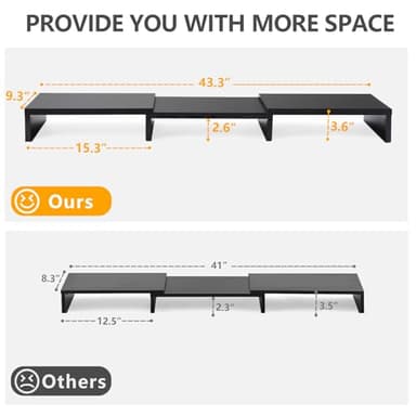 TAVR Dual Monitor Stand Riser Office Desktop Organizer Stand for 2 Monitors, Adjustable Length and Angle 3 Shelf, Extra Long Multifunctional Stand up to 43.3" fit Computer, Laptop, TV, Black - Image 9