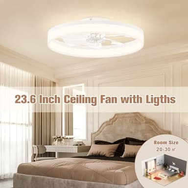 VOLISUN Low Profile Ceiling Fans with Lights and Remote, 23.6in Flush Mount Ceiling Fans with Light, 3000K-6500K Dimmable Fandelier LED Fan Lights, Bladeless Ceiling Fan with Light for Bedroom(White) - Image 7
