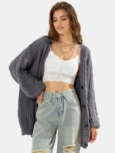 EXLURA Womens 2025 Oversized Cardigan Sweaters Fall Winter Lightweight Soft Knit Cardigan Open Front Button Outwear Coats Grey - Image 5