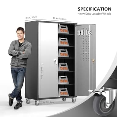 VINGLI Upgraded Wide & Deep Garage Storage Cabinet, Metal Storage Cabinet with Pegboards, Wheels, Locking Doors and Adjustable Shelves (Black & Silver, 43''W x 20''D x 72''H) - Image 4