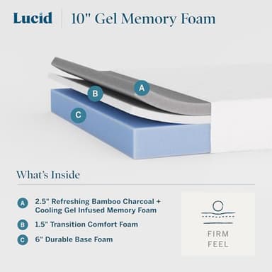 LUCID 10 Inch Memory Foam Mattress - Firm Feel - Infused with Bamboo Charcoal and Gel - Bed in a Box - Temperature Regulating - Pressure Relief - Breathable - Queen SizeQueen Size - Image 3