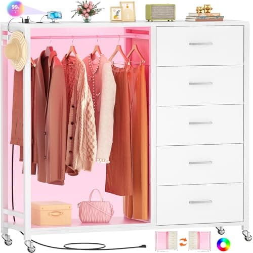 Cyclysio Dresser for Bedroom with Clothes Rack, 5 Fabric Drawers Dresser with Charging Station & LED Lights, White Storage Chest of Drawers with Wheels, Wooden Top, Lockable Wheels, Closet, White - Image 1
