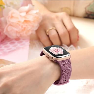 SNBLK 6 Pack Floral Engraved Apple Watch Bands, Compatible with 38mm-49mm Models, Soft Silicone Material, Vivid Flower Patterns, Comfortable Fit, Water Resistant - Image 6
