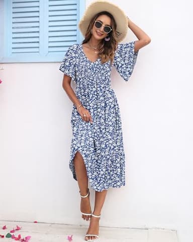 AUSELILY Women's Summer Empire Waist Dress Smocked Flutter Short Sleeve V Neck Midi Dresses 2025 New Gray Blue Flower 2XL - Image 4