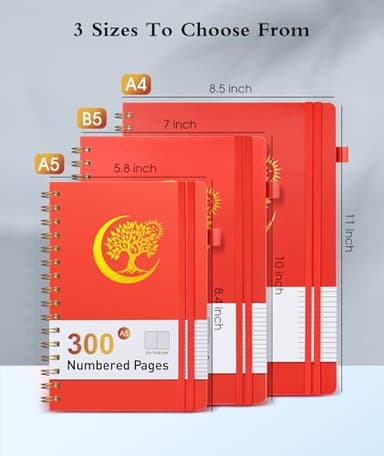 PAIBAS A4 Spiral Journal Notebook 8.5" x 11.5" – 300 Numbered Pages, 100 GSM Lined Paper, Plastic Cover, Inner Pocket, Spiral Notebooks for Work, School, College Ruled for Men Women (Red) - Image 2