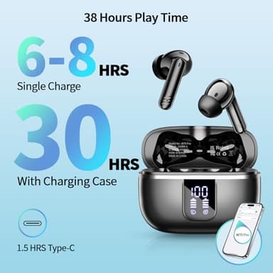 Wireless Earbuds, Bluetooth 5.4 Headphones in Ear Bass Stereo, Ear Buds with 4 ENC Noise Cancelling Mic, 38H Playtime with LED Display, IPX7 Waterproof Wireless Earphones for iOS Android, USB-C - Image 5