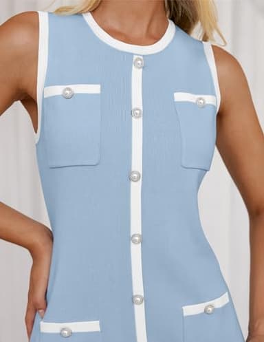 ZESICA Women's 2025 Summer Sleeveless Mini Dress Crewneck Button Knit Color Block Bodycon Party Short Dresses with Pockets,Blue,Large - Image 3