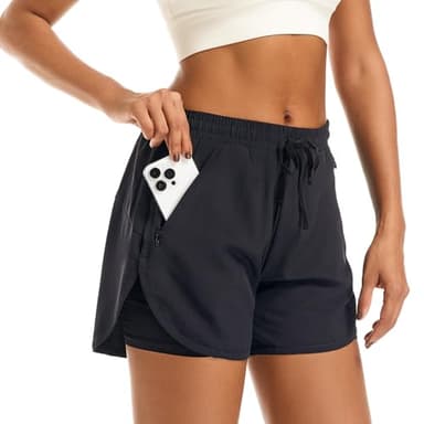 APWKL Women's 2 in 1 Athletic Running Shorts Quick Dry Workout Casual Gym Sweat Shorts Mesh Comfy Liner Zipper Pockets(Black,M) - Image 1