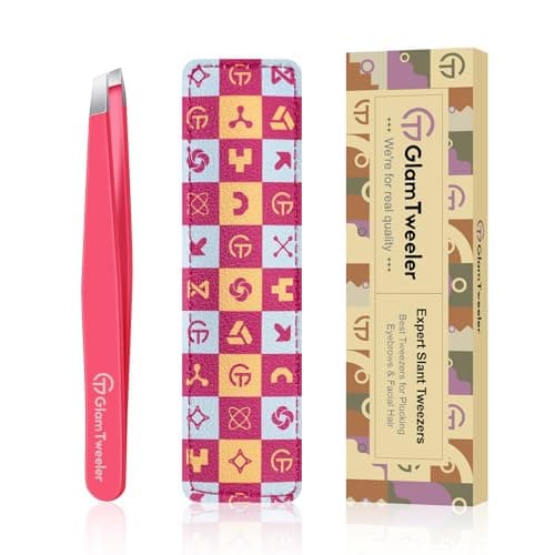 Expert Eyebrow Hair Removal Tweezer with Leather Case, GlamTweeler High Precision Slant Tip Stainless Steel Tweezers for Men and Women (Hot Pink) - Image 1