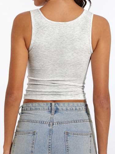 AnotherChill Women's Ribbed Crop Tank Tops Scoop Neck High Back Basic Sleeveless Rib Shirt Summer Athletic Top (Light-Heather-Grey, X-Small) - Image 2