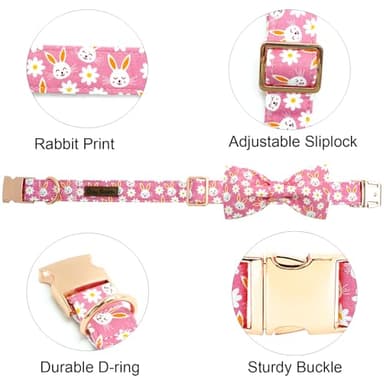 Bobo Rainbow Easter Dog Collar-Pink Rabbit Collar Adjustable Cute Pet Collar Soft Pink Flower Dog Collar with Bow Tie Holiday Cotton Puppy Collar Metal Buckle Collar Gift for Large Dogs - Image 2