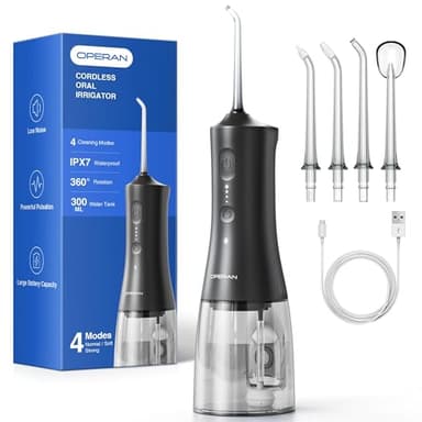 Operan Water Flosser for Teeth, 300ML Portable Dental Flosser with 4 Modes & 4 Nozzles, IPX7 Waterproof Rechargeable Oral Irrigator, Long Battery for Home, Braces Flossers, and Travel-Black+1Pack - Image 1