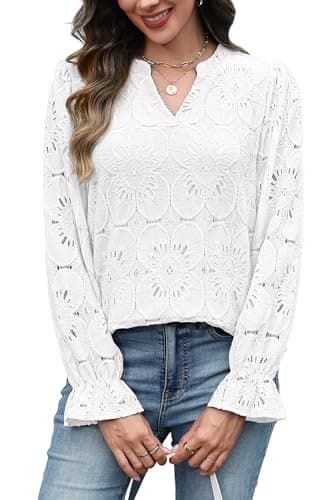 RUMIA Long Sleeve Shirts for Women Fall Fashion Clothing 2025 Eyelet Lace Tops Dressy Casual Blouses V Neck Embroidered Blouse Lining White Shirts M - Image 4