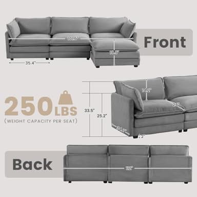 ROWHY Oversized Modular Sectional Sofa with Movable Ottoman, 112 Inch 4 Seat Modern Corduroy Sofa Set, Convertible L Shaped Couch for Living Room and Office, Dark Grey - Image 2