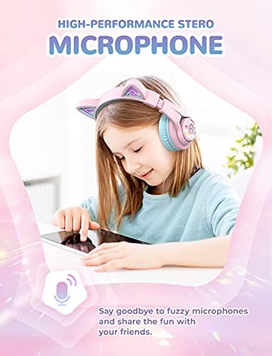 iClever Cat Ear Kids Bluetooth Headphones, LED Lights Up, 74/85dBA Safe Volume Limited, 50H Playtime,Bluetooth 5.2, USB C, Kids Headphones Wireless for Travel iPad Tablet, Meow Macaron Pink - Image 7