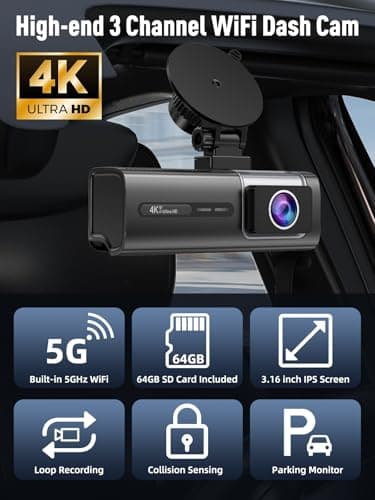 3 Channel 5G WiFi Dash Cam, 4K+1080P+1080P Dash Cam Front and Rear Inside with 64GB Card, 3.16” IPS Screen, G-Sensor, Loop Recording, Parking Monitor, 170° Wide Angle, IR Night Vision, WDR, Silver - Image 2