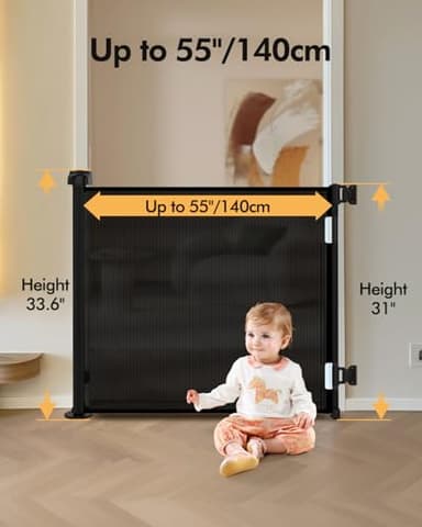 Retractable Baby Gate for Stairs & Doorways, 55" Wide x 33.6" Tall Easy Installation Mesh Dog Gate for Indoor & Outdoor Use,Pet and Dog Safety Gate for Hallways(Black) - Image 2