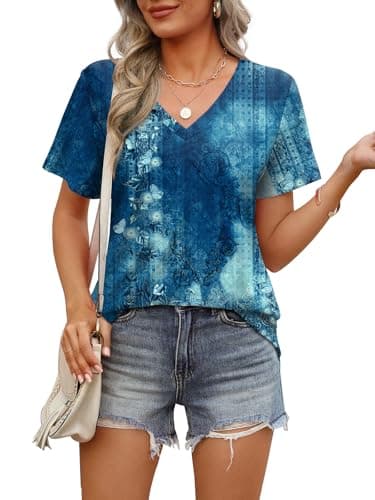 OFEEFAN Womens Tops Dressy Casual V Neck Short Sleeve Cute Tie Dye Plus Size T Shirts 2025 Summer Flowy Basic Tees Beach Vacation Outfits for Women Clothes Blue 3XL - Image 3