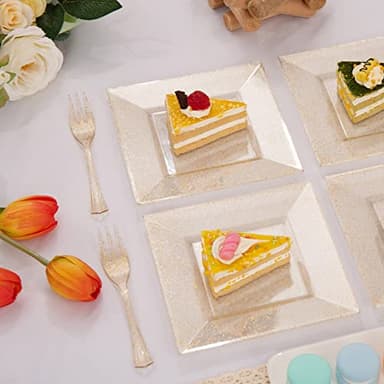 DaYammi 200Pcs Gold Dessert Plates Including 100Pcs Appetizer Plates 6",100Pcs Plastic Forks 5.7",Gold Glitter Plastic Square Plate for Party,Gold Salad Plate and Cake Forks for Wedding Birthday - Image 3