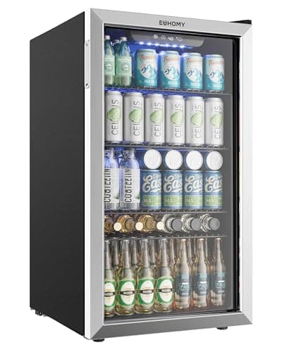 EUHOMY Beverage Refrigerator and Cooler, 128 Can Mini fridge with Glass Door, Small Refrigerator with Adjustable Shelves for Soda Beer or Wine, Perfect for Home/Bar/Office, Silver - Image 1