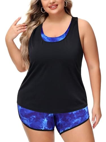 NIeyook Plus Size Swimsuit for Women 2024 Tummy Control Bathing Suit 3 Piece Athletic Tankini Swimsuits with Boyshorts Blue Tie Dye 20 Plus/4XL - Image 2