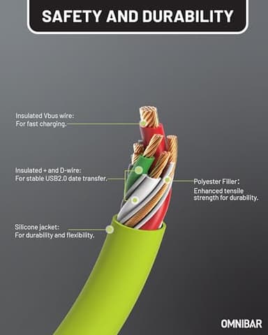 OMNIBAR Silicone USB A to USB C Cable (6FT, Lime Green), USB C Charger Cable Fast Charging for iPhone 17/16/15 iPad MacBook, Type C Charger Cord for Galaxy S25/S24 Pixel 9/8 Tablet Laptop CarPlay Cord - Image 9