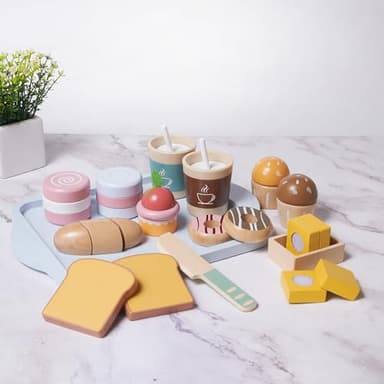 MONT PLEASANT 21pcs Wooden Breakfast Set Kids Pretend Play Toy Kitchen Accessories, Toddler Kitchen Playset with Coffee, Dessert, Cutting Bread, Butter, Wooden Toy Food Set Boys & Girls Birthday Gift - Image 2