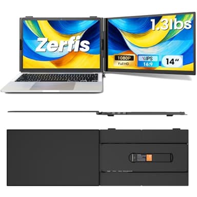 Zerfis Laptop Screen Extender, Ultra-Thin 14" FHD 1080P Portable Monitor for Laptop, 1.3lbs Lightweight Dual Monitor Extender Plug & Play for 13"-17" Laptops, Compatible with Wins/Mac/Android/Chrome - Image 1