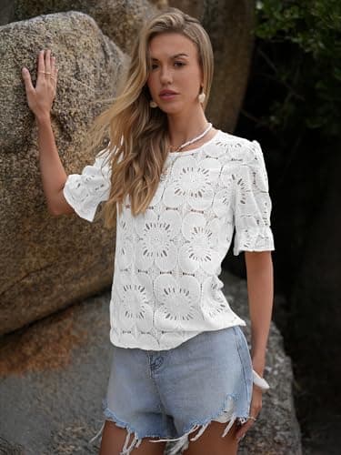 LUXVEER Women's Eyelet Tops Puff Short Sleeve Blouses Dressy Casual 2025 Summer Cute Hollow Out Crochet Lace Embroidered Boho Shirts White XL - Image 4