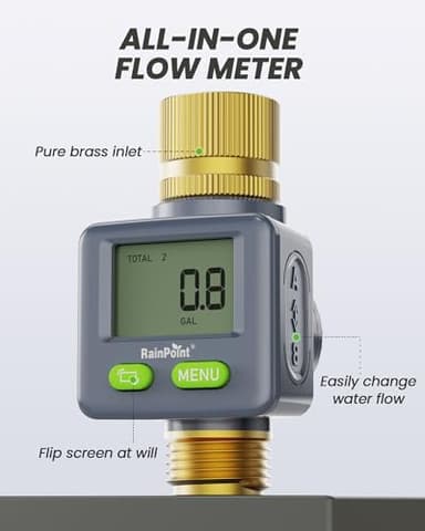 RAINPOINT Water Flow Meter with Brass Inlet & Outlet, 180° Screen-Flip Water Meter, Measure Gallon/Liter Consumption for RV Filling, Garden Watering, Sprinkler and Hoze Nozzle - Image 2