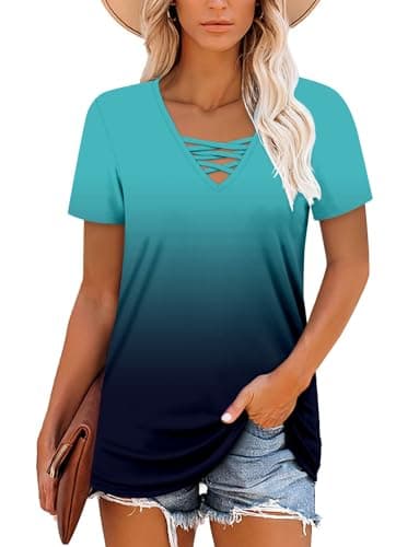 ROSELINLIN Womens T Shirt Criss Cross Lace-Up Neck Summer Tunic Tops Gradual Teal Shirt XL - Image 2