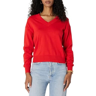 Amazon Essentials Women's Relaxed-Fit Lightweight V-Neck Cropped Sweater, Bright Poppy Red, Medium - Image 1