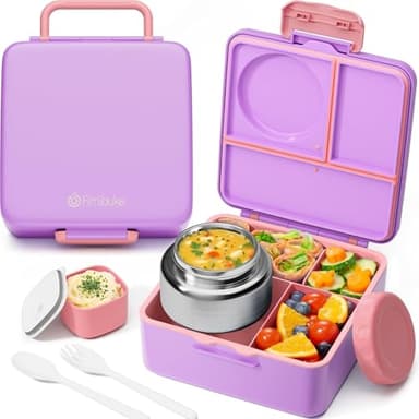 Fimibuke Bento Box for Kids Adult with Thermos, 3-4 Compartment 60OZ Toddler Lunch Box Container with Leakproof 8OZ Insulated Food Jar, Sauce Jar, Utensil for School Boy Girl, BPA-Free Dishwasher Safe - Image 1