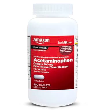 Amazon Basic Care Extra Strength Pain Relief, Acetaminophen Caplets, 500 mg, Pain Reliever/Fever Reducer, 500 Count (Packaging may vary) - Image 1
