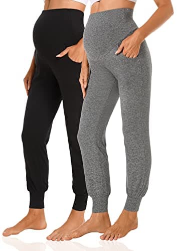 V VOCNI Women's Maternity Pants Maternity Activewear Jogger Track Cuff Sweatpants Over The Belly Stretchy Pregnancy Pants Black&Grey,Large - Image 1
