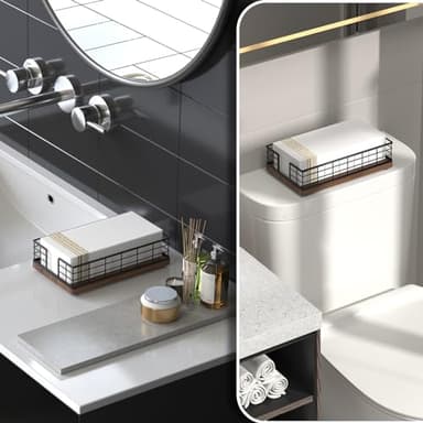 Wican Guest Towel Holder Tray for Bathroom, Oak and Iron Napkins Holder for Powder Room Dinning Table Wooden Basket for Disposable Paper Hand Towels Black & Walnut - Image 3