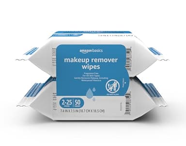 Amazon Basics Makeup Remover Wipes, Fragrance- and Alcohol-Free, Gentle Cleansing, Removes Waterproof Mascara, Dermatologist Tested, 25 Count, Pack of 2 (Previously Solimo) - Image 1
