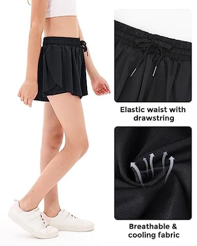Stelle Girls Flowy Shorts with Pockets Athletic Running Skirt High Waist Butterfly 2 in 1 Sports Short 5-16 Years(Black,XL) - Image 5