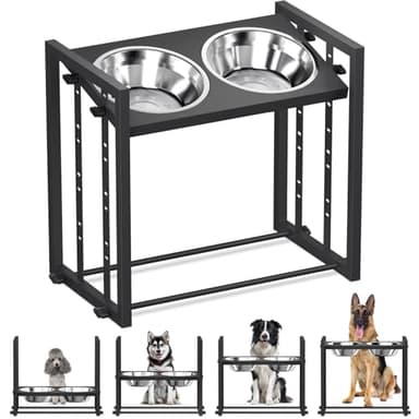 Elevated Metal Dog Bowls for Medium Breed: 4 Height-Adjustable Raised Dog Bowl Feeder Station with 2 Stainless Steel Bowls, Black - Image 1