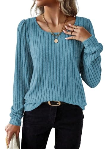 Samefar Womens Tops Dressy Casual Round Neck Long Sleeve Shirts for Women Ribbed Fall Blouses Work Knitted Tunic Clothes Blue Medium - Image 1