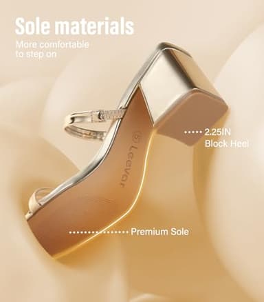Leevar Square Toe Heeled Sandals for Women - Women's Low Block Heels Sandals - 2.25IN Open Toe Ankle Strap Chunky Heels - Slip on Heeled Sandal Mule, gold, size 8 - Image 3