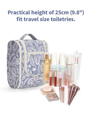 Narwey Small Hanging Toiletry Bag Women Travel Makeup Bag Organizer Toiletries Bag for Travel Size Essentials Accessories Cosmetics (Medium, Blue Leaf) - Image 4
