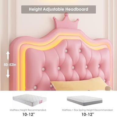 Keyluv Twin Upholstered LED Bed Frame with Storage Drawer, Leather Princess Platform Bed with Adjustable Crystal Button Tufted Crown Headboard, Solid Wooden Slats Support, No Box Spring Needed, Pink - Image 6