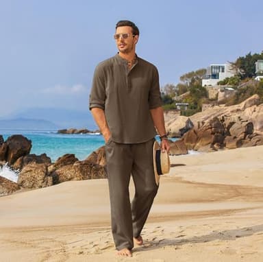 COOFANDY Men's 2 Pieces Cotton Linen Set Long Sleeve Henley Shirts Casual Beach Pants With Pockets Summer Yoga Outfits - Image 4