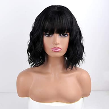 MISSQUEEN Short Wavy Black Wig with Bangs, Short Black Bob Wigs for Women, Wavy Bob Wig with Bangs Synthetic Natural Looking Heat Resistant Fiber Wigs - Image 2