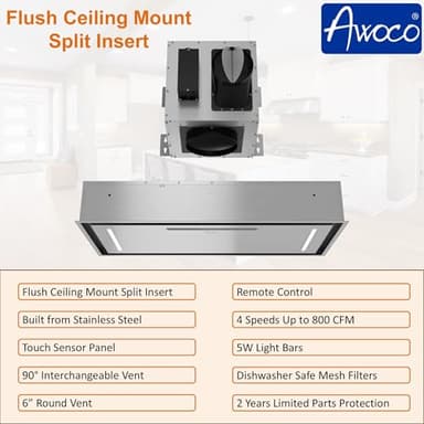 Awoco 36”W Flush Ceiling Mount Split Insert Range Hood, Stainless Steel 4 Speeds 800 CFM, 6” Round Vent LED Lights Remote Control (36"W 19"D 6" Vent) - Image 5