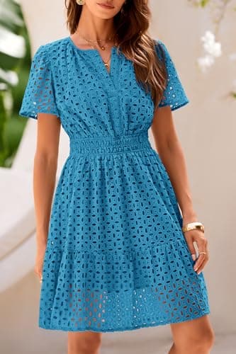 PRETTYGARDEN Womens 2025 Summer Short Dress V Neck Short Sleeve A Line Hollow Out Lace Ruffle Cute Casual Beach Party Dresses (Lake Blue,Large) - Image 5